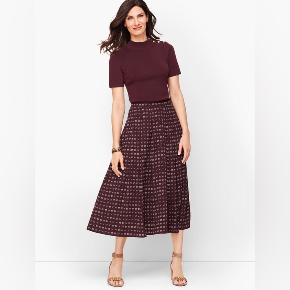 Talbots DOTTY BOWS MIDI Pleated SKIRT Burgundy Size 16